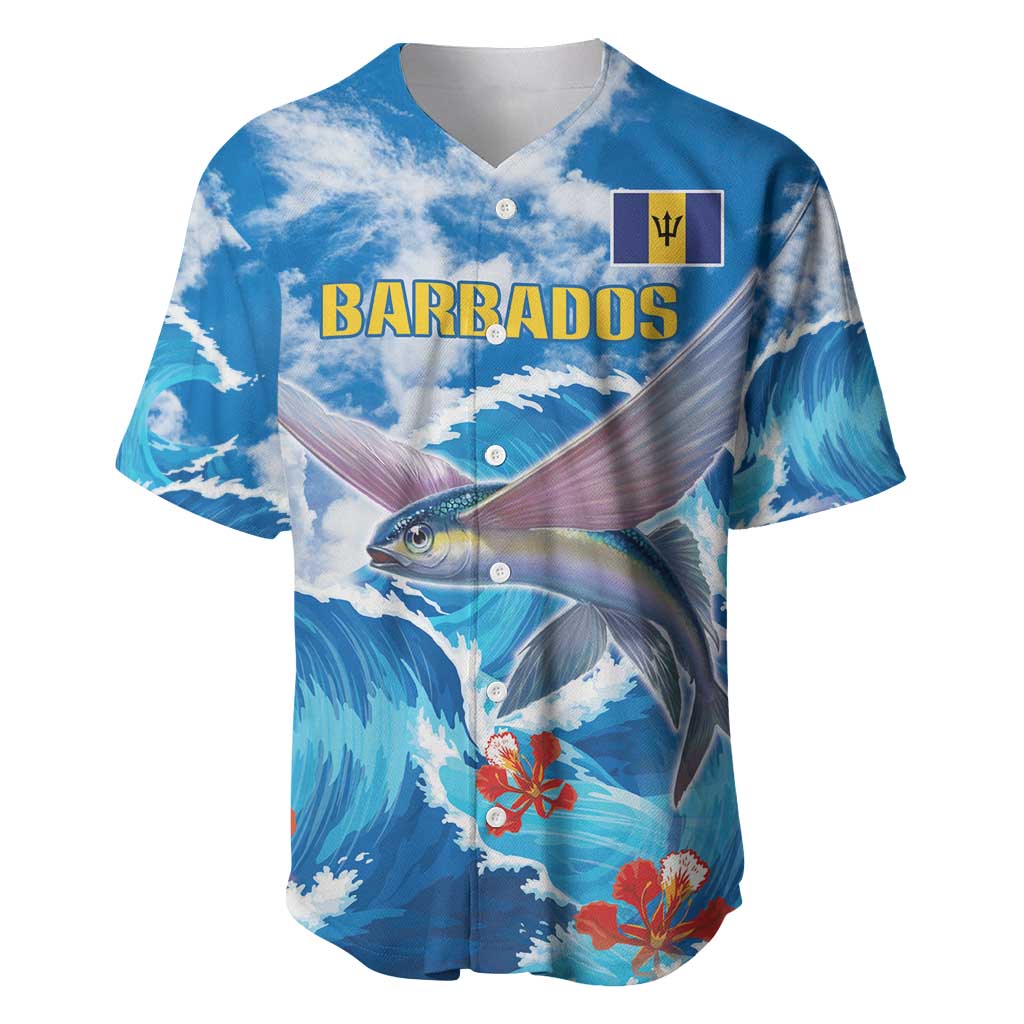 Personalized Barbados Fish Flying Baseball Jersey With Stormy Sea Wave - Wonder Print Shop