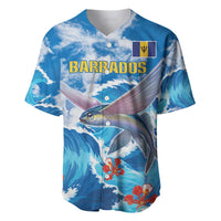 Blue personalized baseball jersey with fish and wave print, BARBADOS, V-neck button front