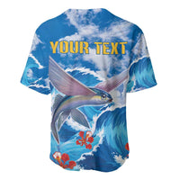 Blue baseball jersey with wave and fish print, back text 'YOUR TEXT', V-neck