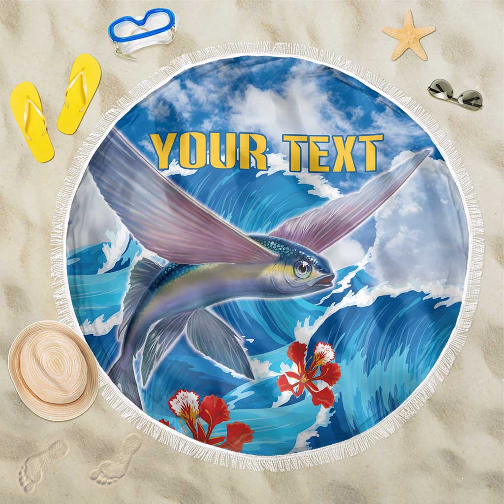 Round beach blanket with tassel fringe, close-up blue fish and waves with YOUR TEXT