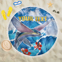 Round beach blanket with tassel fringe, close-up blue fish and waves with YOUR TEXT