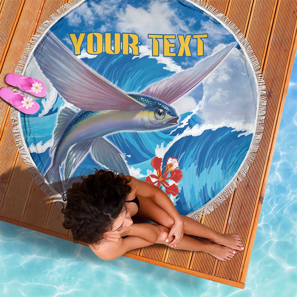 Round beach blanket, tassel fringe, blue fish ocean print with YOUR TEXT