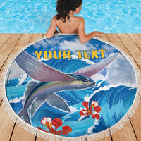 Round beach blanket with tassel fringe, blue fish and ocean design with YOUR TEXT
