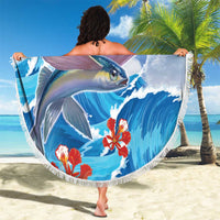 Round beach blanket held up, tassel fringe, blue fish-wave print with YOUR TEXT