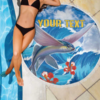 Round beach blanket with tassel fringe, blue ocean fish print and YOUR TEXT