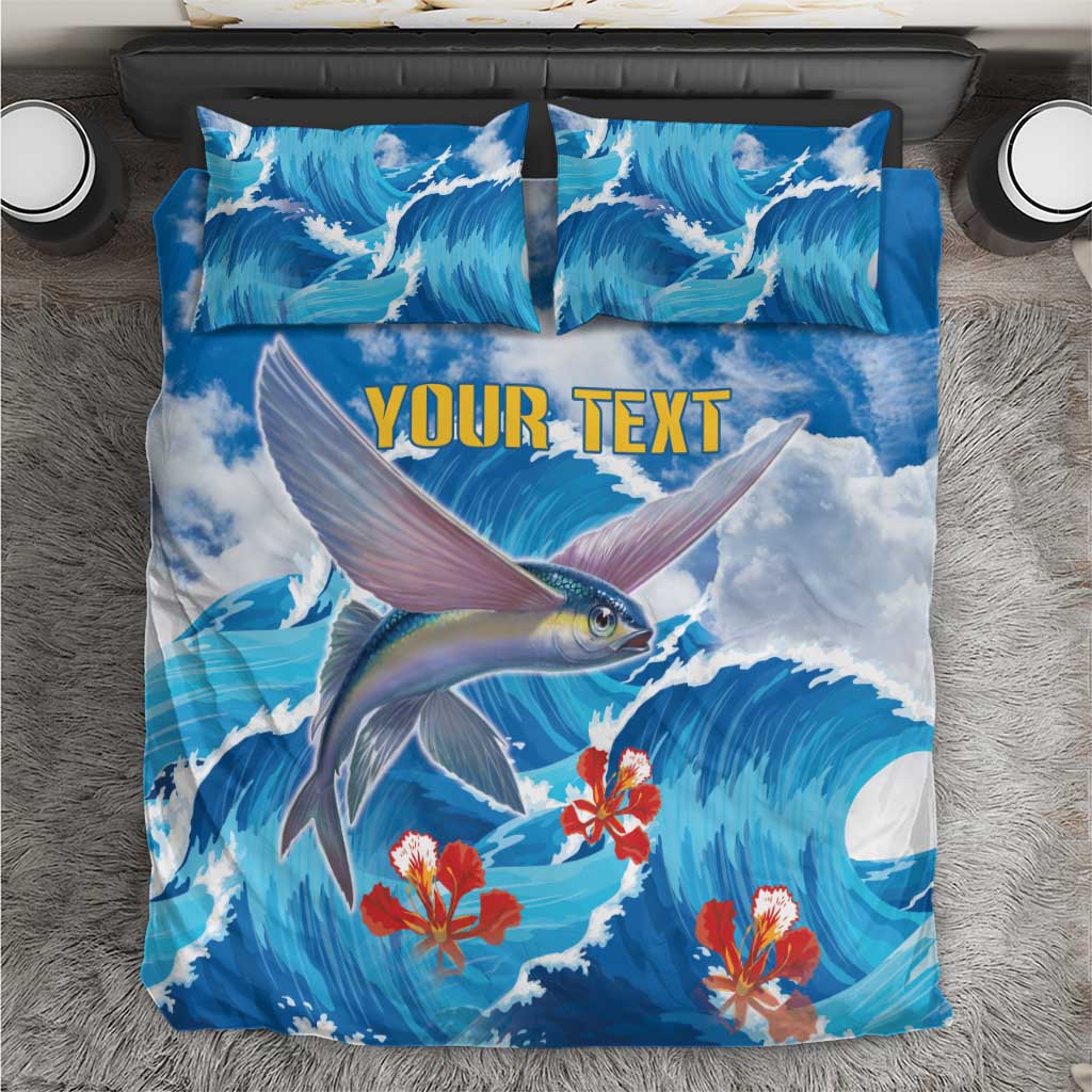 Blue fish and wave bedding set on gray rug, “YOUR TEXT” printed on duvet