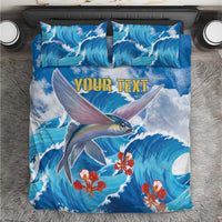 Blue fish and wave bedding set on gray rug, “YOUR TEXT” printed on duvet