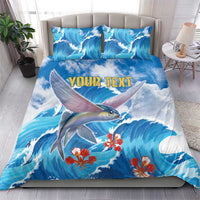 Blue wave and fish bedding set with “YOUR TEXT” print on duvet and two pillowcases