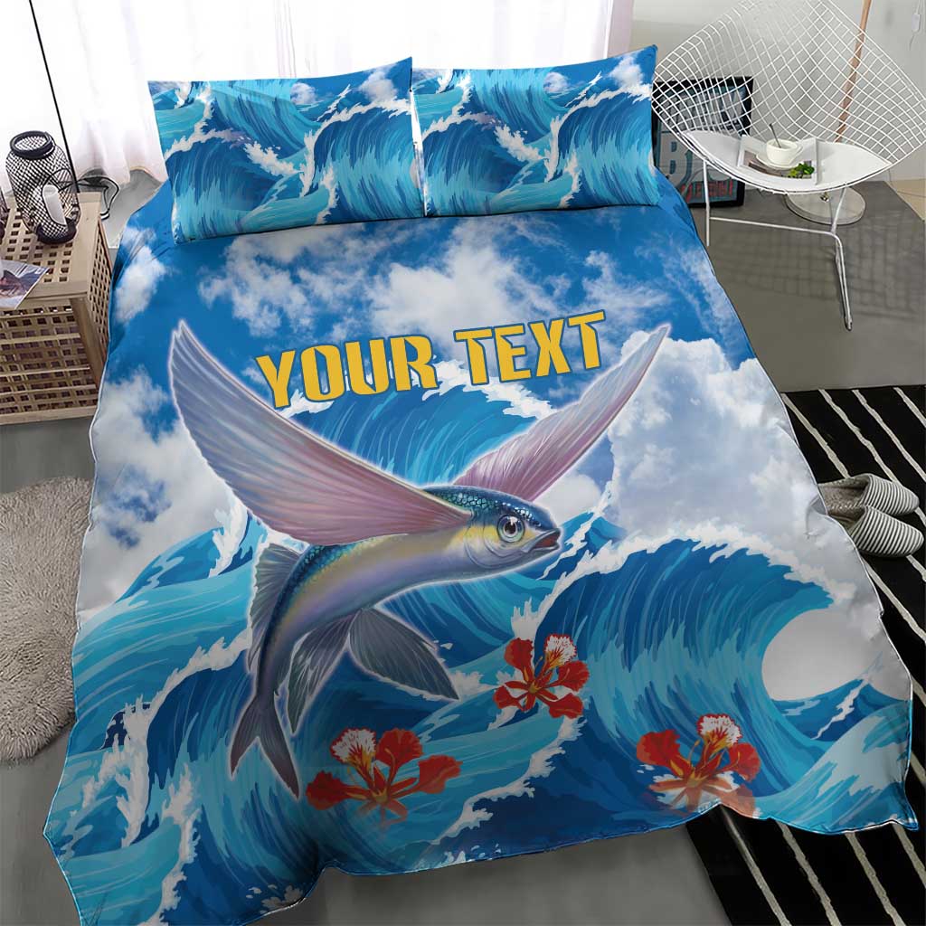 Blue fish and ocean wave bedding set, duvet shows “YOUR TEXT” with matching pillowcases