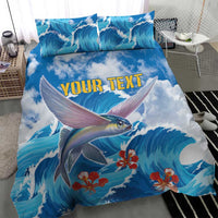 Blue fish and ocean wave bedding set, duvet shows “YOUR TEXT” with matching pillowcases