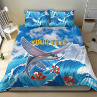 Blue fish and wave bedding set with “YOUR TEXT” center graphic and two pillowcases