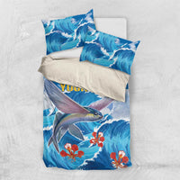 Blue fish wave bedding set with two pillowcases and “YOUR TEXT” on the duvet