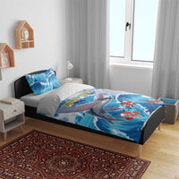 Blue ocean fish bedding set with matching pillowcases and “YOUR TEXT” on duvet
