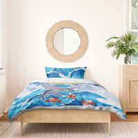 Blue fish wave bedding set with “YOUR TEXT” on duvet and two pillowcases