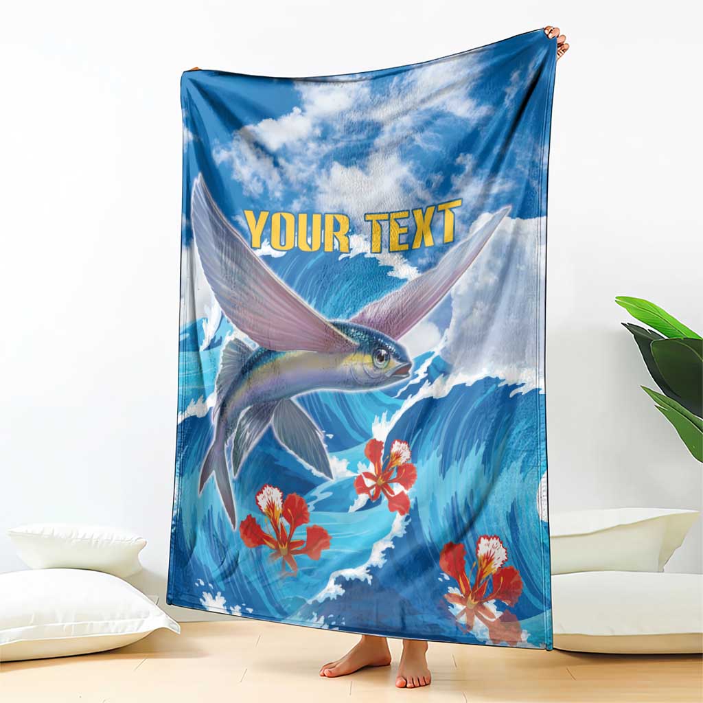 Blue ocean fish blanket with red coral flowers and yellow "YOUR TEXT", standing drape with bare feet