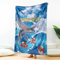 Blue ocean fish blanket with red coral flowers and yellow "YOUR TEXT", standing drape with bare feet