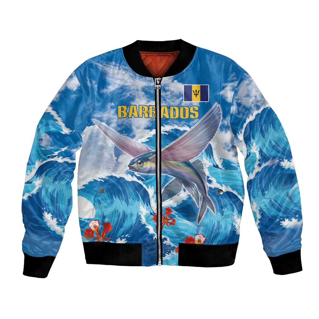 Blue bomber jacket with full zip, flying fish and ocean wave graphic, black rib trim.