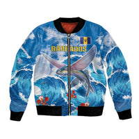 Blue bomber jacket with full zip, flying fish and ocean wave graphic, black rib trim.