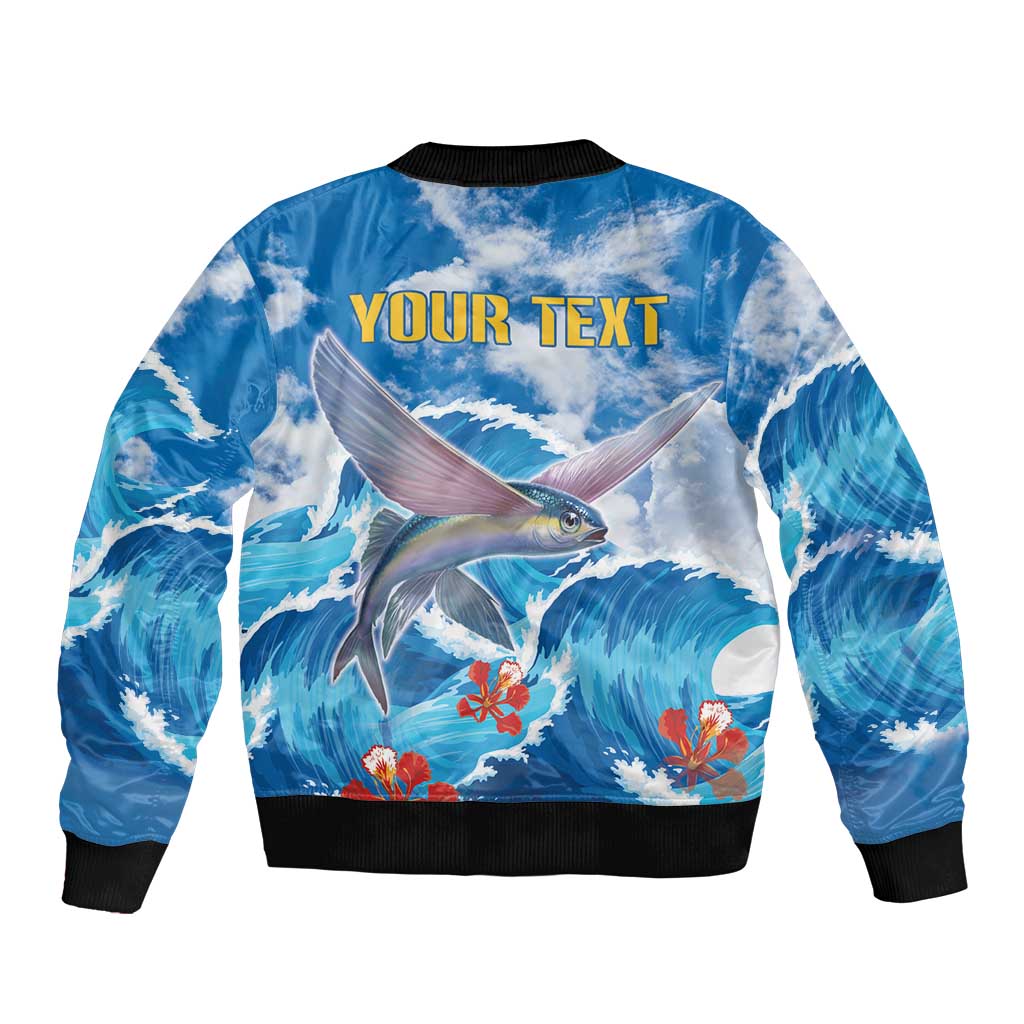 Blue bomber jacket back with ocean waves and flying fish graphic, black rib collar and hem.