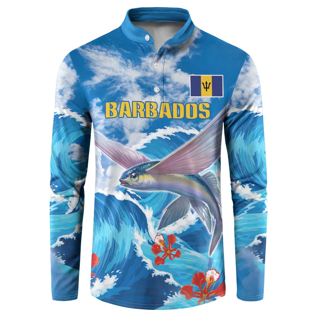 Blue fish and wave button-up sweatshirt with 'BARBADOS' front graphic