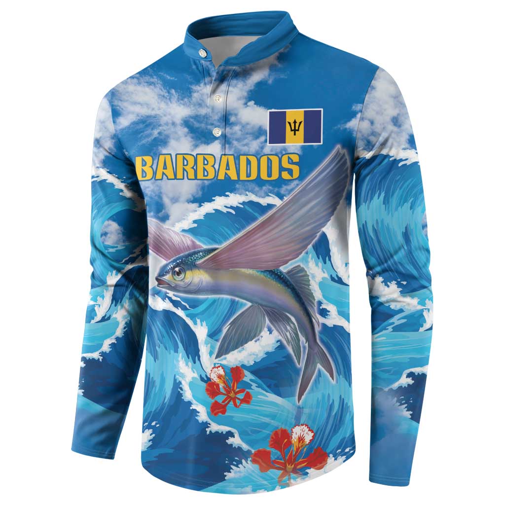 Blue fish and wave button-up sweatshirt with 'BARBADOS' front and chest patch