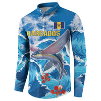 Blue fish and wave button-up sweatshirt with 'BARBADOS' front and chest patch