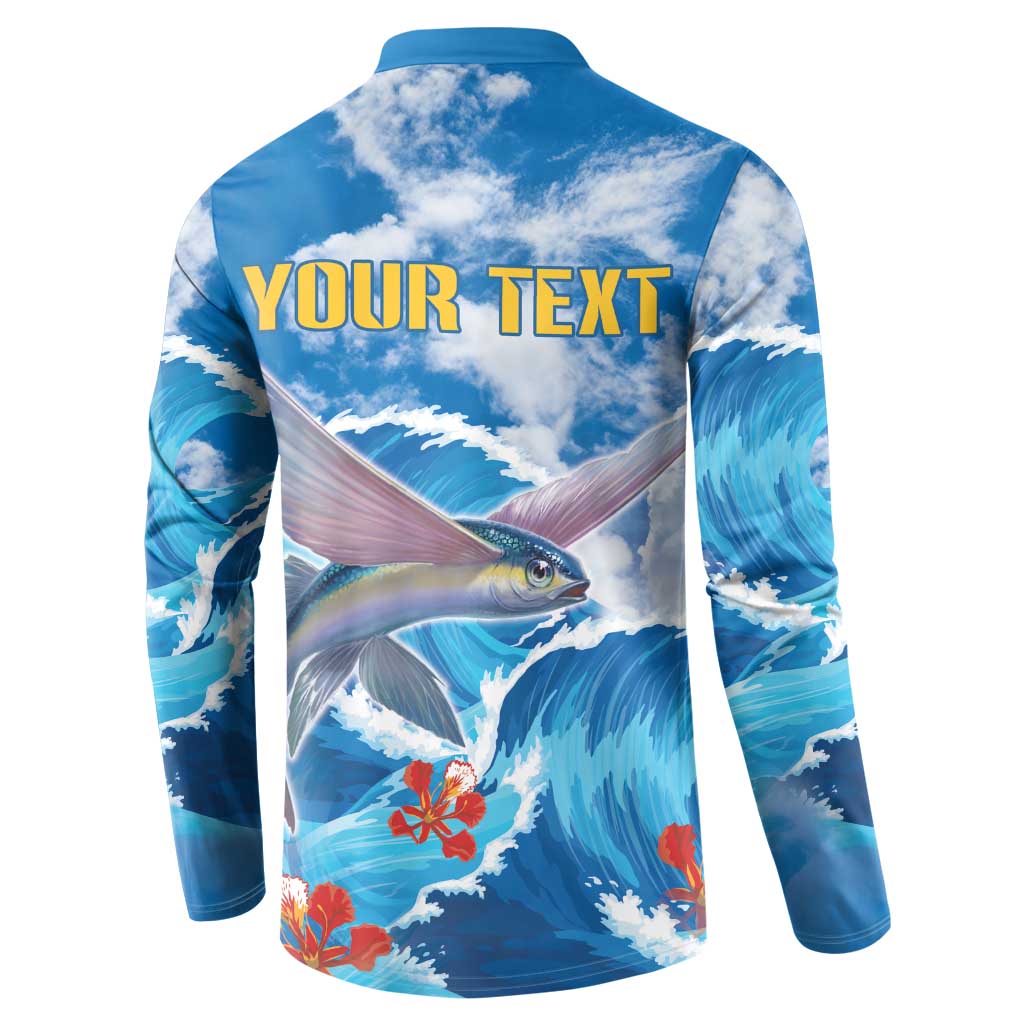 Blue fish and wave button-up sweatshirt with 'YOUR TEXT' on the back