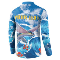 Blue fish and wave button-up sweatshirt with 'YOUR TEXT' on the back