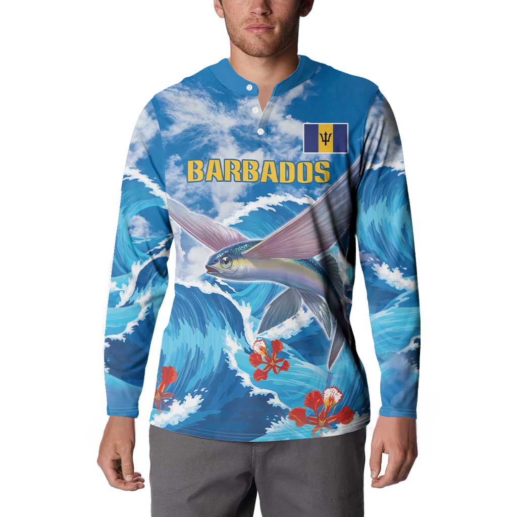 Blue fish and wave button-up sweatshirt worn by model, 'BARBADOS' front
