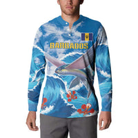 Blue fish and wave button-up sweatshirt worn by model, 'BARBADOS' front
