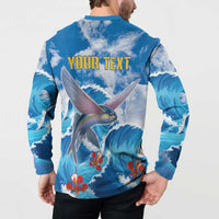 Blue fish and wave button-up sweatshirt with 'YOUR TEXT' back graphic, model view