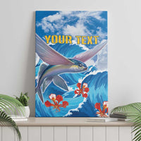 Blue canvas wall art on a shelf featuring flying fish, ocean waves, and “YOUR TEXT”