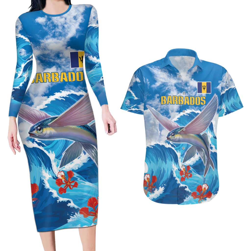 Personalized Barbados Fish Flying Couples Matching Long Sleeve Bodycon Dress and Hawaiian Shirt With Stormy Sea Wave - Wonder Print Shop