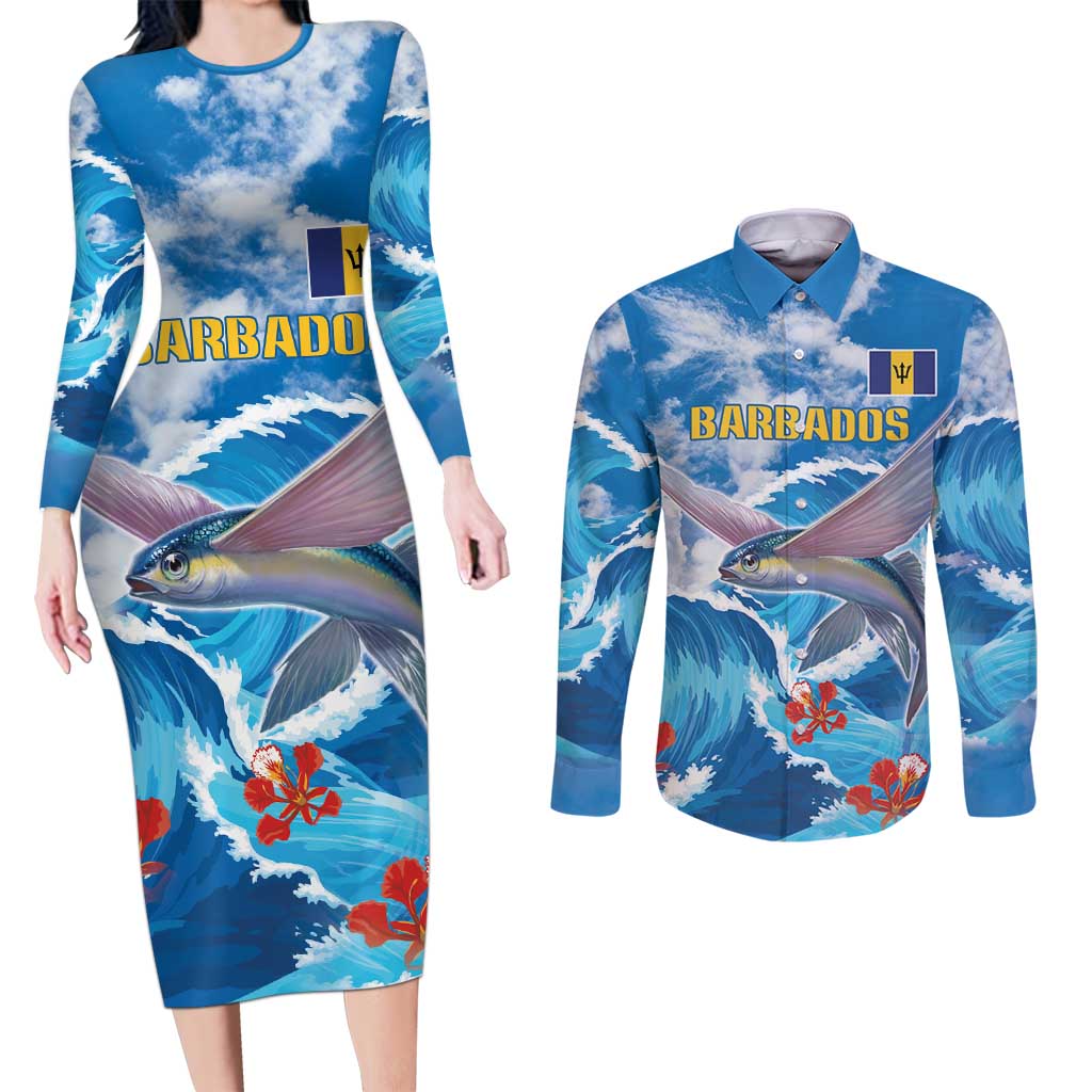 Personalized Barbados Fish Flying Couples Matching Long Sleeve Bodycon Dress and Long Sleeve Button Shirt With Stormy Sea Wave - Wonder Print Shop