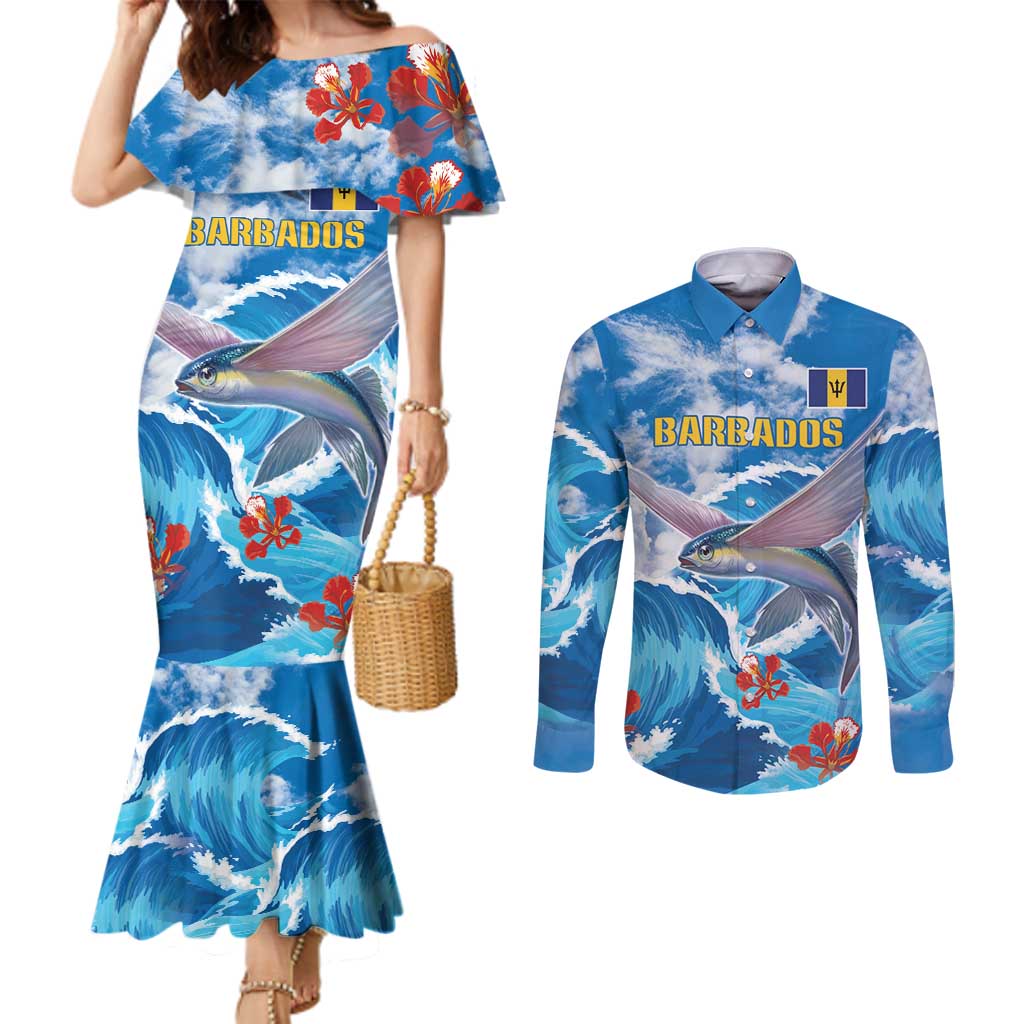 Personalized Barbados Fish Flying Couples Matching Mermaid Dress and Long Sleeve Button Shirt With Stormy Sea Wave