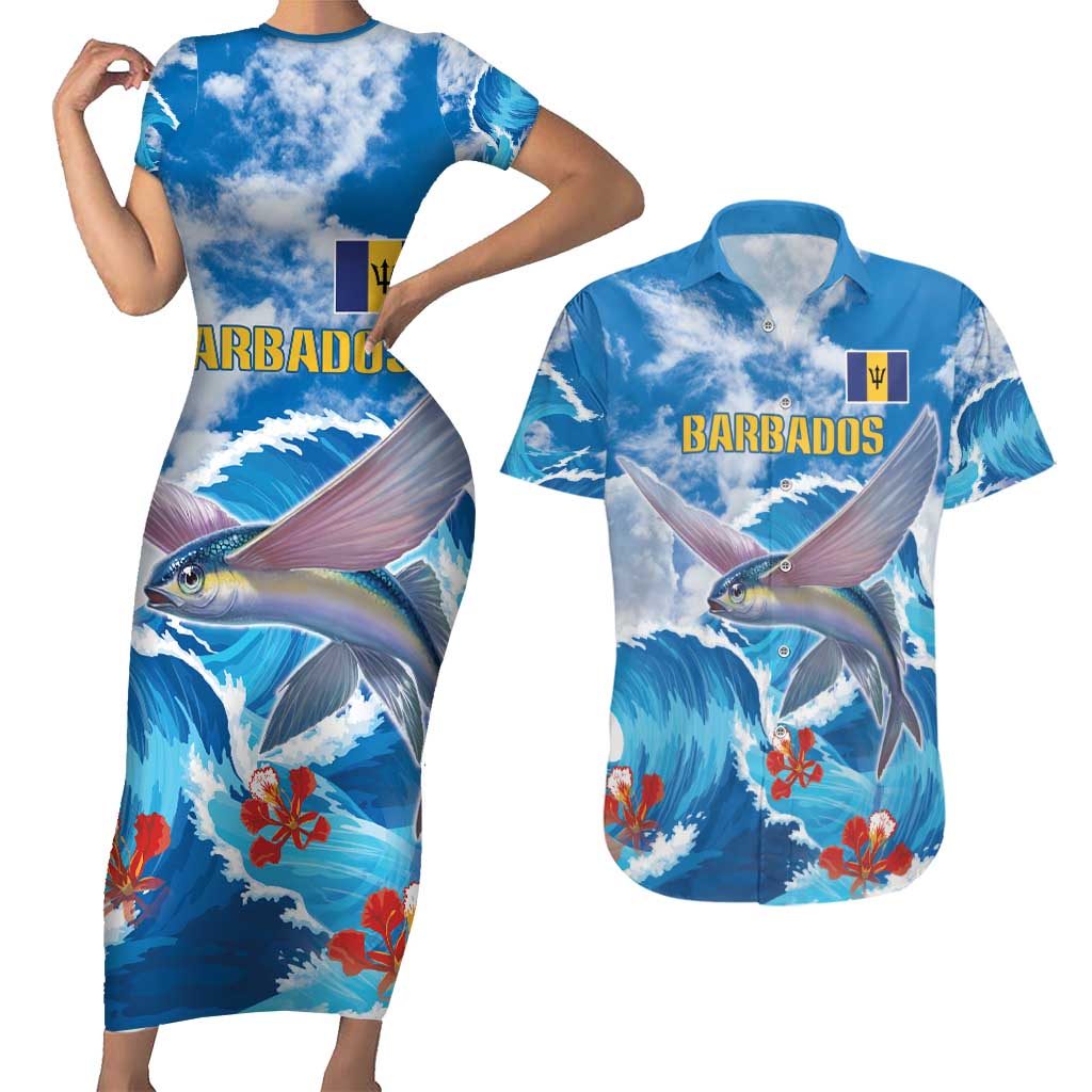 Personalized Barbados Fish Flying Couples Matching Short Sleeve Bodycon Dress and Hawaiian Shirt With Stormy Sea Wave - Wonder Print Shop