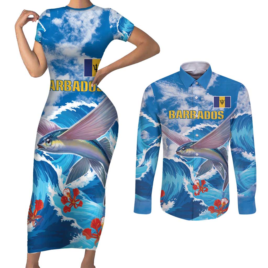 Personalized Barbados Fish Flying Couples Matching Short Sleeve Bodycon Dress and Long Sleeve Button Shirt With Stormy Sea Wave - Wonder Print Shop