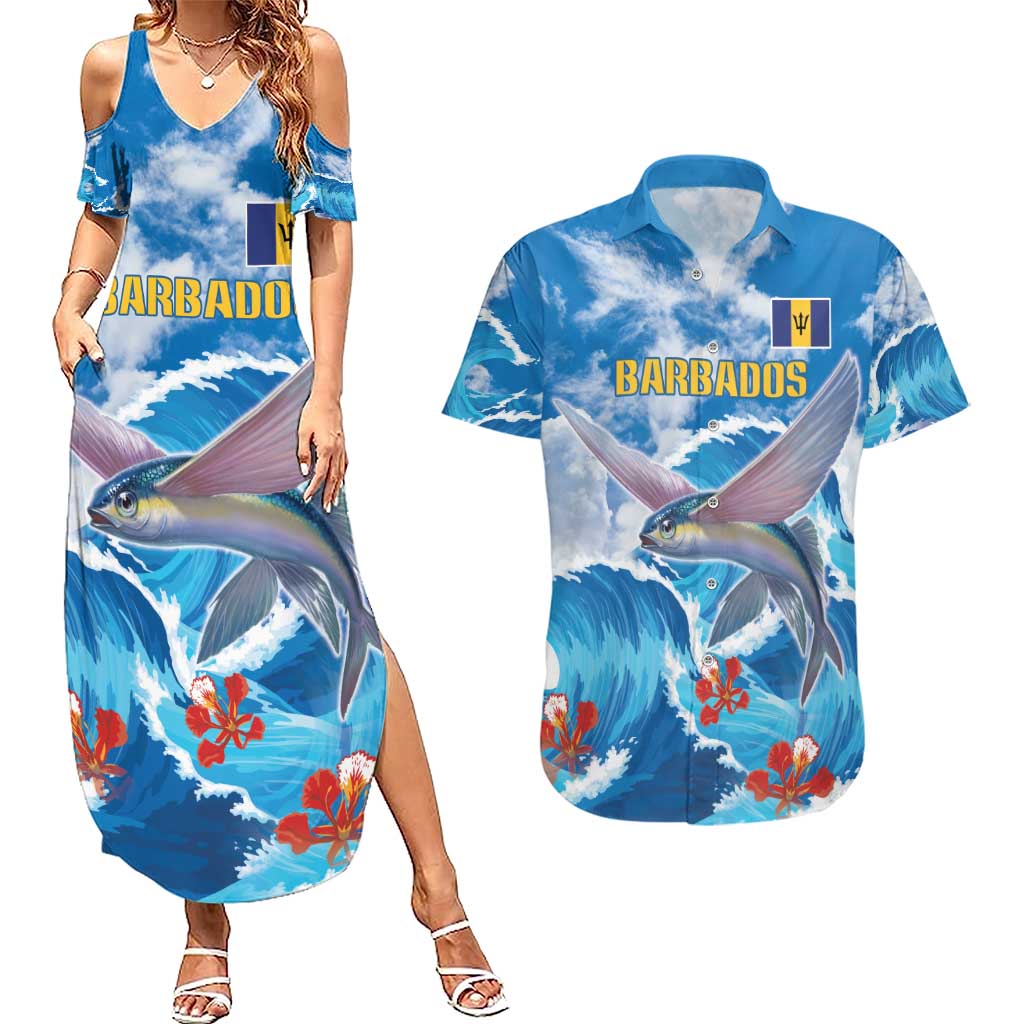 Personalized Barbados Fish Flying Couples Matching Summer Maxi Dress and Hawaiian Shirt With Stormy Sea Wave - Wonder Print Shop