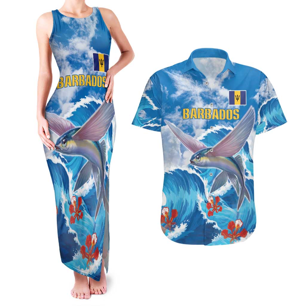 Personalized Barbados Fish Flying Couples Matching Tank Maxi Dress and Hawaiian Shirt With Stormy Sea Wave - Wonder Print Shop