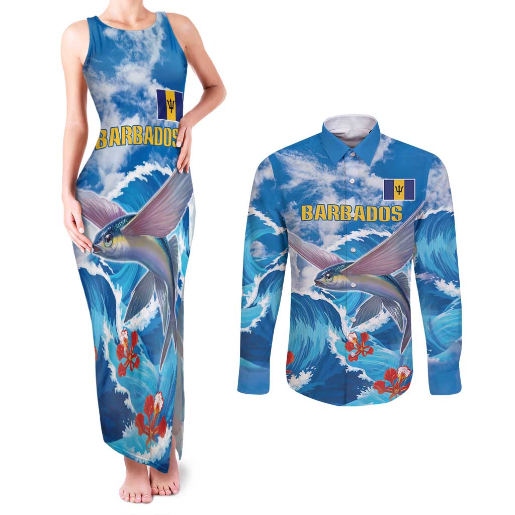 Personalized Barbados Fish Flying Couples Matching Tank Maxi Dress and Long Sleeve Button Shirt With Stormy Sea Wave - Wonder Print Shop