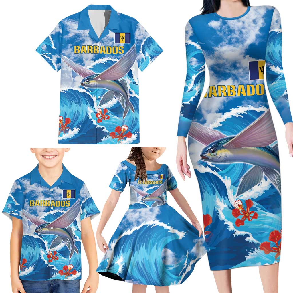 Personalized Barbados Fish Flying Family Matching Long Sleeve Bodycon Dress and Hawaiian Shirt With Stormy Sea Wave - Wonder Print Shop