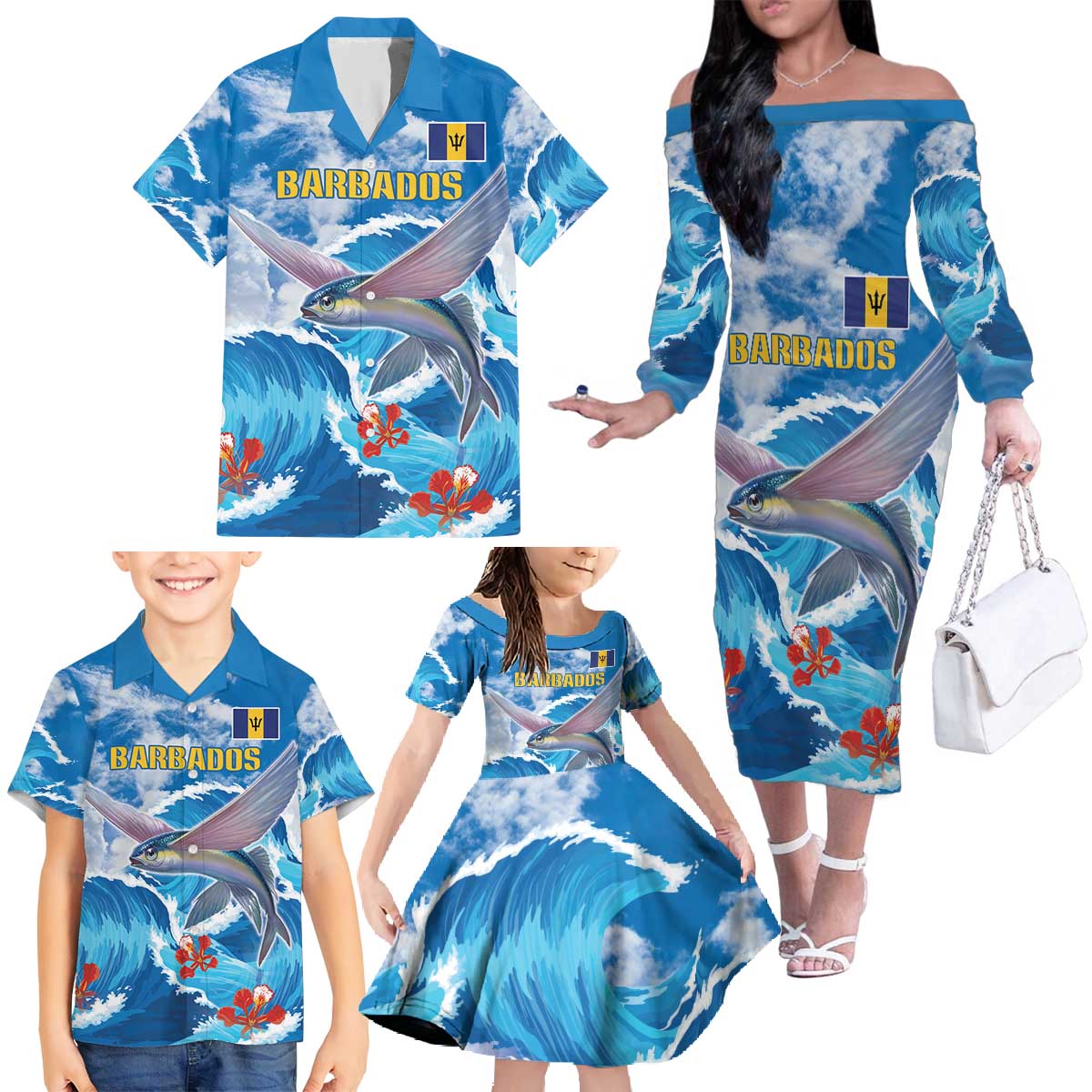 Personalized Barbados Fish Flying Family Matching Off The Shoulder Long Sleeve Dress and Hawaiian Shirt With Stormy Sea Wave - Wonder Print Shop