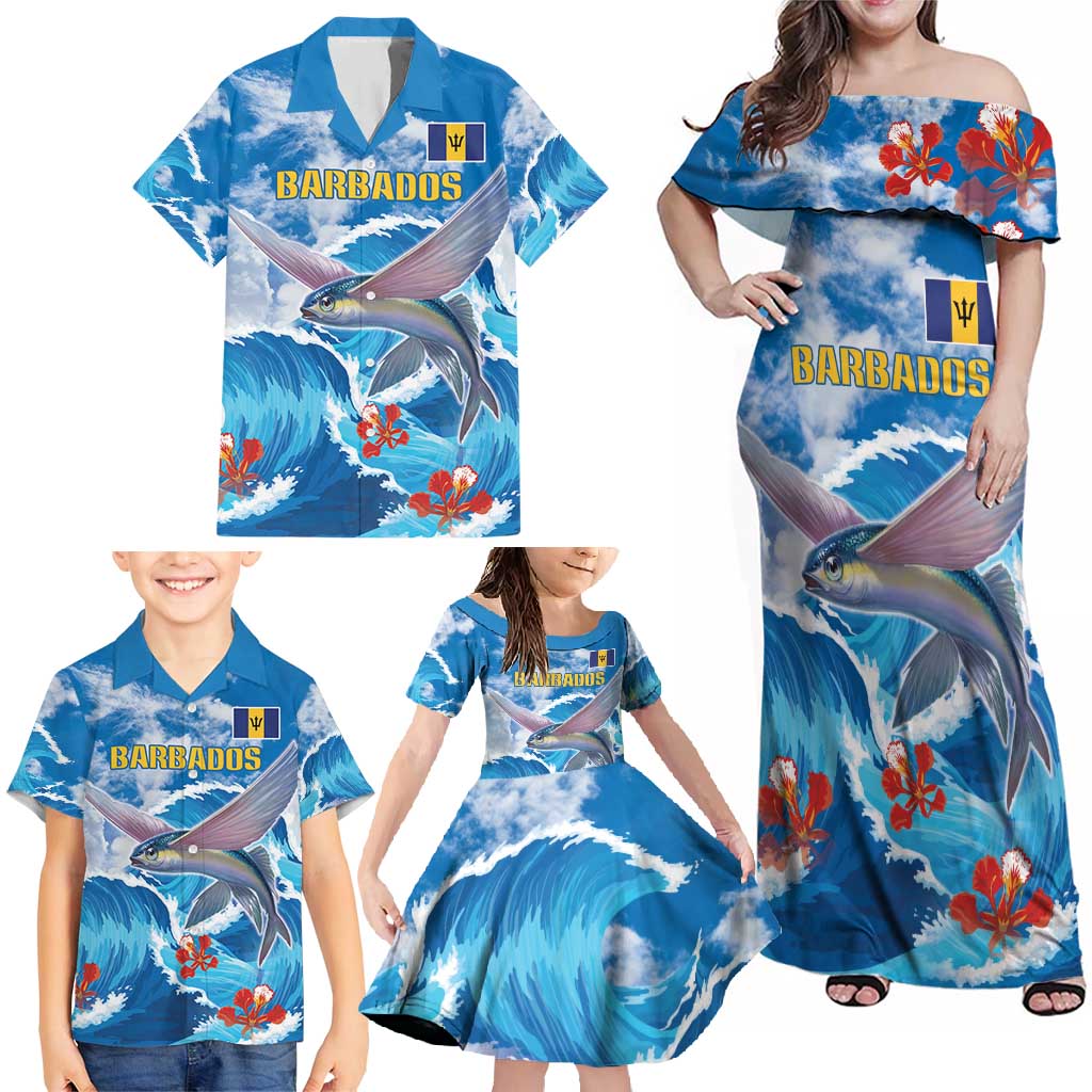 Personalized Barbados Fish Flying Family Matching Off Shoulder Maxi Dress and Hawaiian Shirt With Stormy Sea Wave - Wonder Print Shop