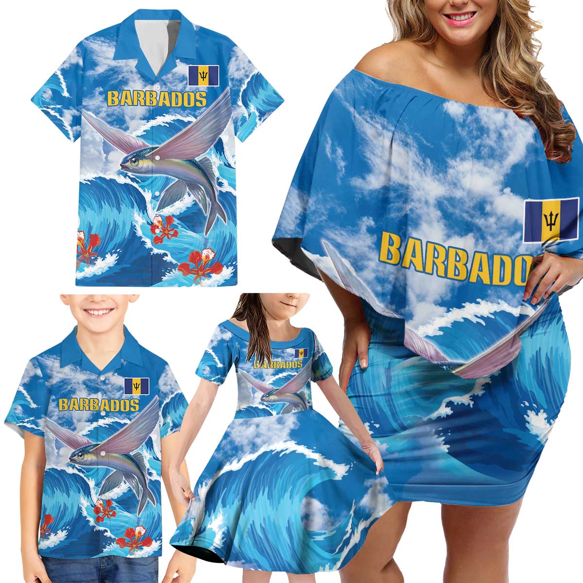 Personalized Barbados Fish Flying Family Matching Off Shoulder Short Dress and Hawaiian Shirt With Stormy Sea Wave - Wonder Print Shop