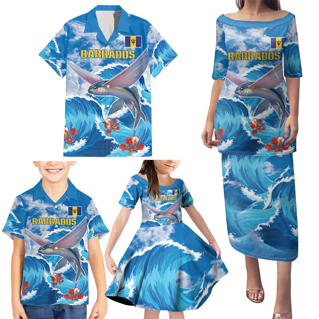 Personalized Barbados Fish Flying Family Matching Puletasi and Hawaiian Shirt With Stormy Sea Wave - Wonder Print Shop