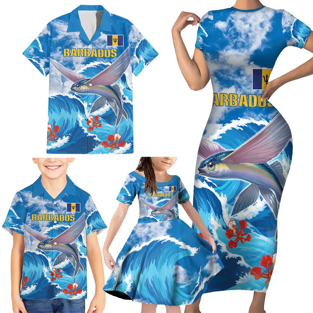 Personalized Barbados Fish Flying Family Matching Short Sleeve Bodycon Dress and Hawaiian Shirt With Stormy Sea Wave - Wonder Print Shop