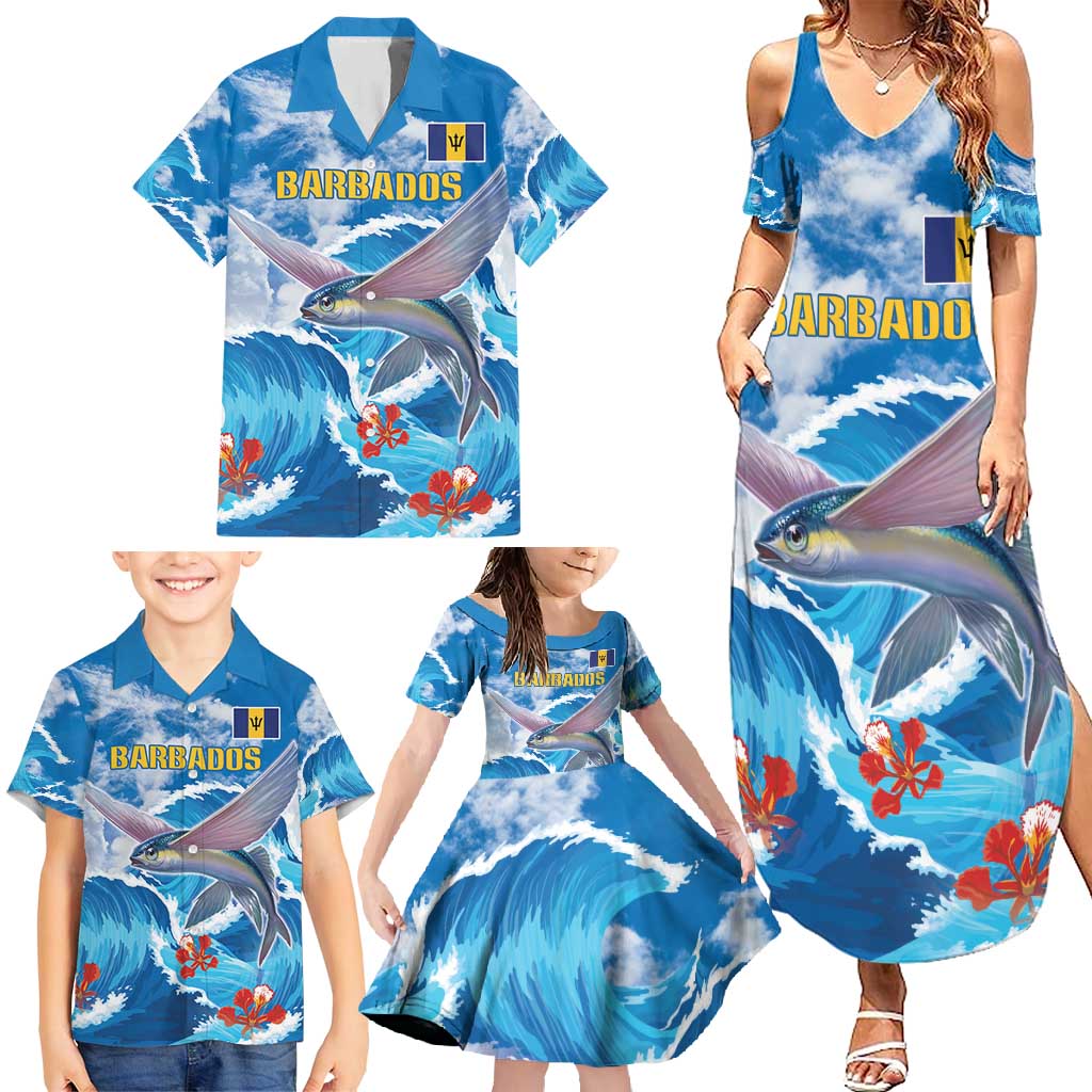 Personalized Barbados Fish Flying Family Matching Summer Maxi Dress and Hawaiian Shirt With Stormy Sea Wave - Wonder Print Shop