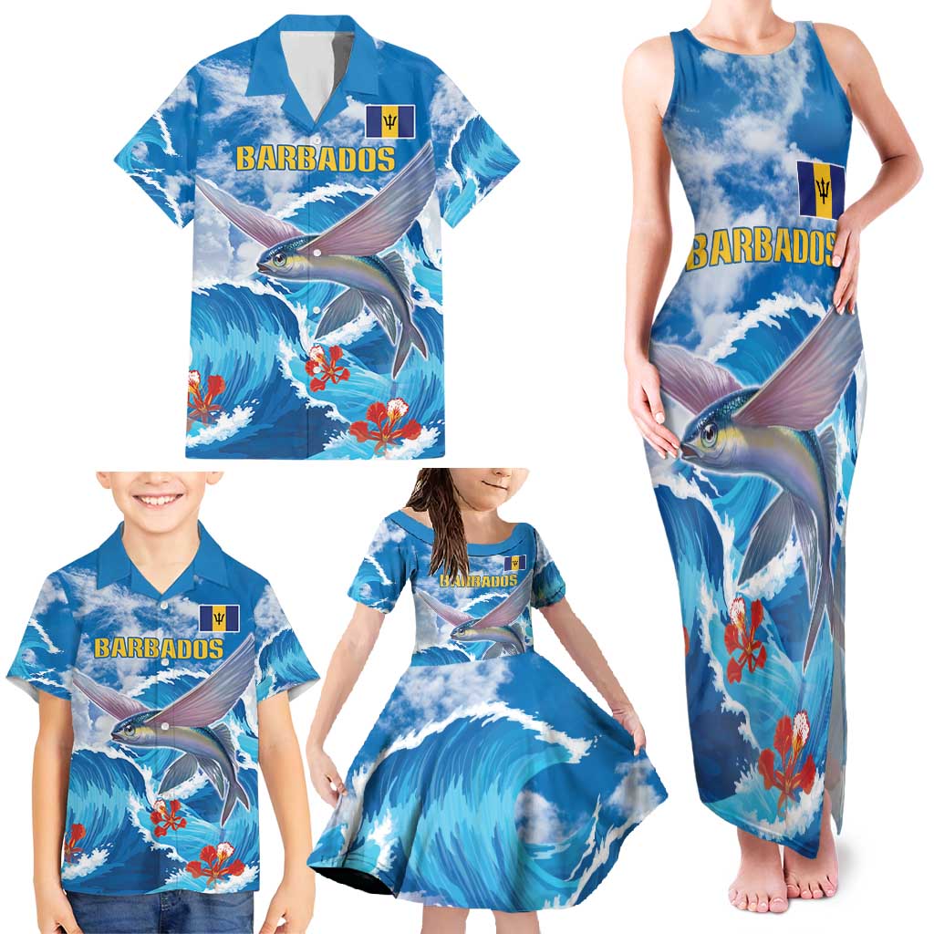 Personalized Barbados Fish Flying Family Matching Tank Maxi Dress and Hawaiian Shirt With Stormy Sea Wave - Wonder Print Shop