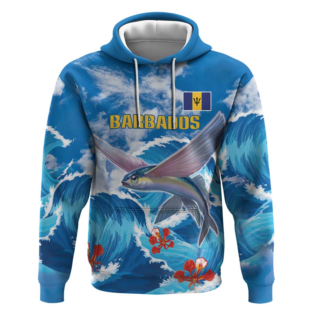 Personalized Barbados Fish Flying Hoodie With Stormy Sea Wave - Wonder Print Shop