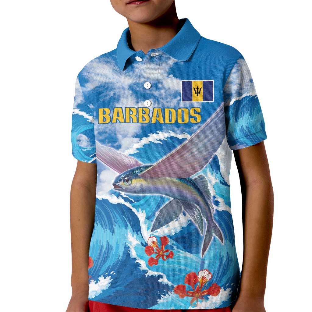 Personalized Barbados Fish Flying Kid Polo Shirt With Stormy Sea Wave - Wonder Print Shop